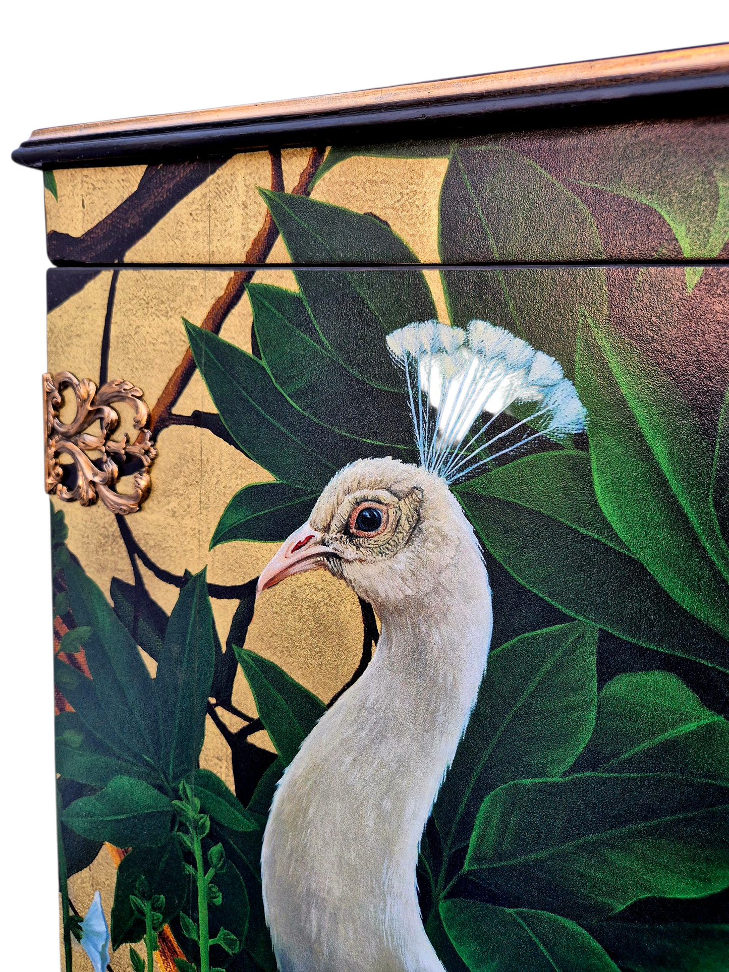 Stunning Upcycled Vintage Cocktail Cabinet Gold Peacock with Chinoiserie Decoupage and Gold Interior