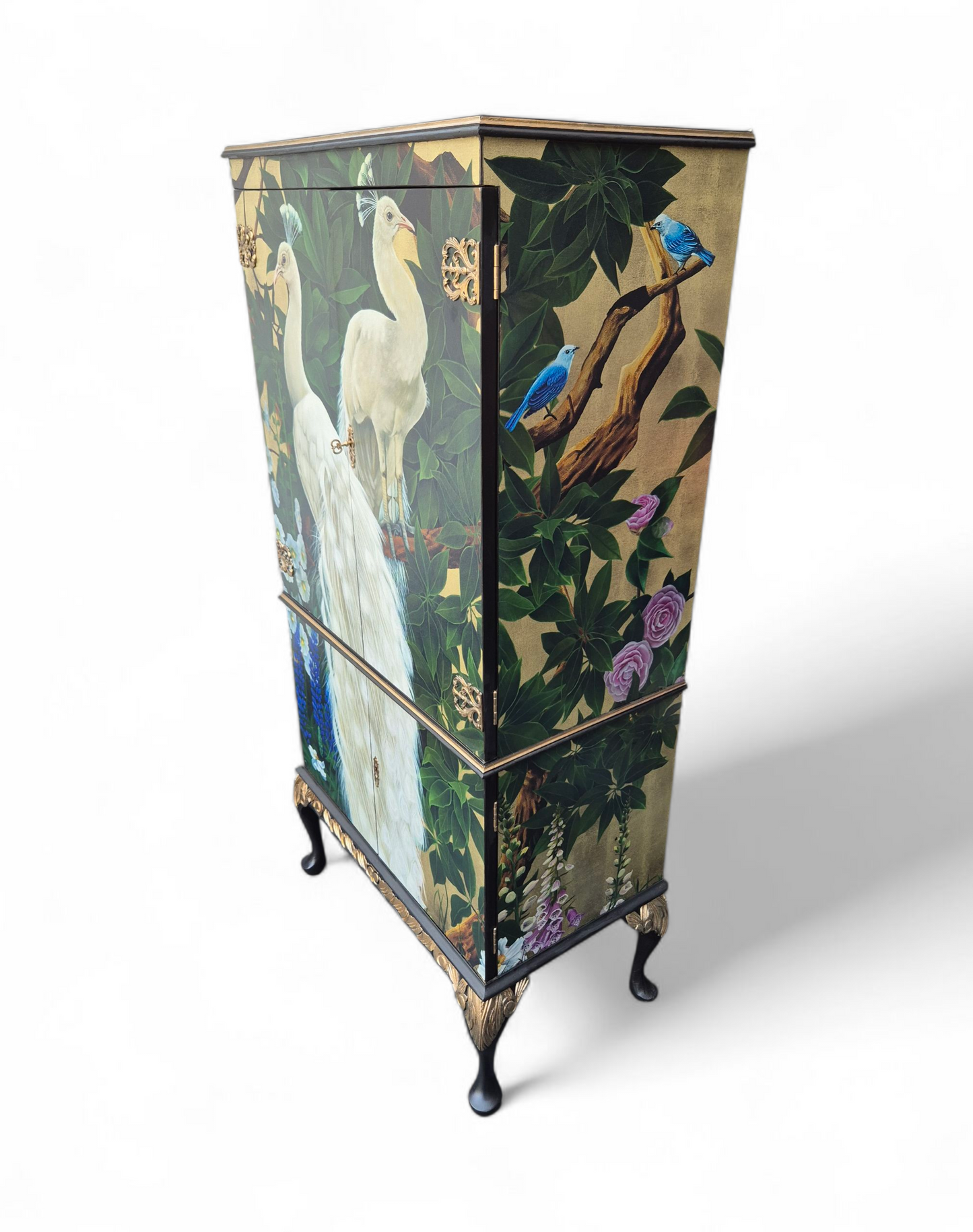 Stunning Upcycled Vintage Cocktail Cabinet Gold Peacock with Chinoiserie Decoupage and Gold Interior