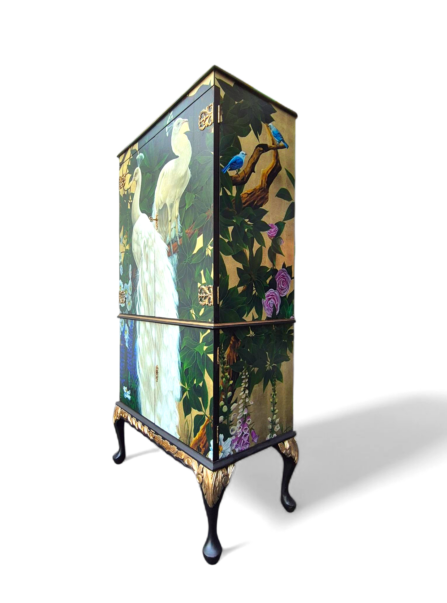 Stunning Upcycled Vintage Cocktail Cabinet Gold Peacock with Chinoiserie Decoupage and Gold Interior
