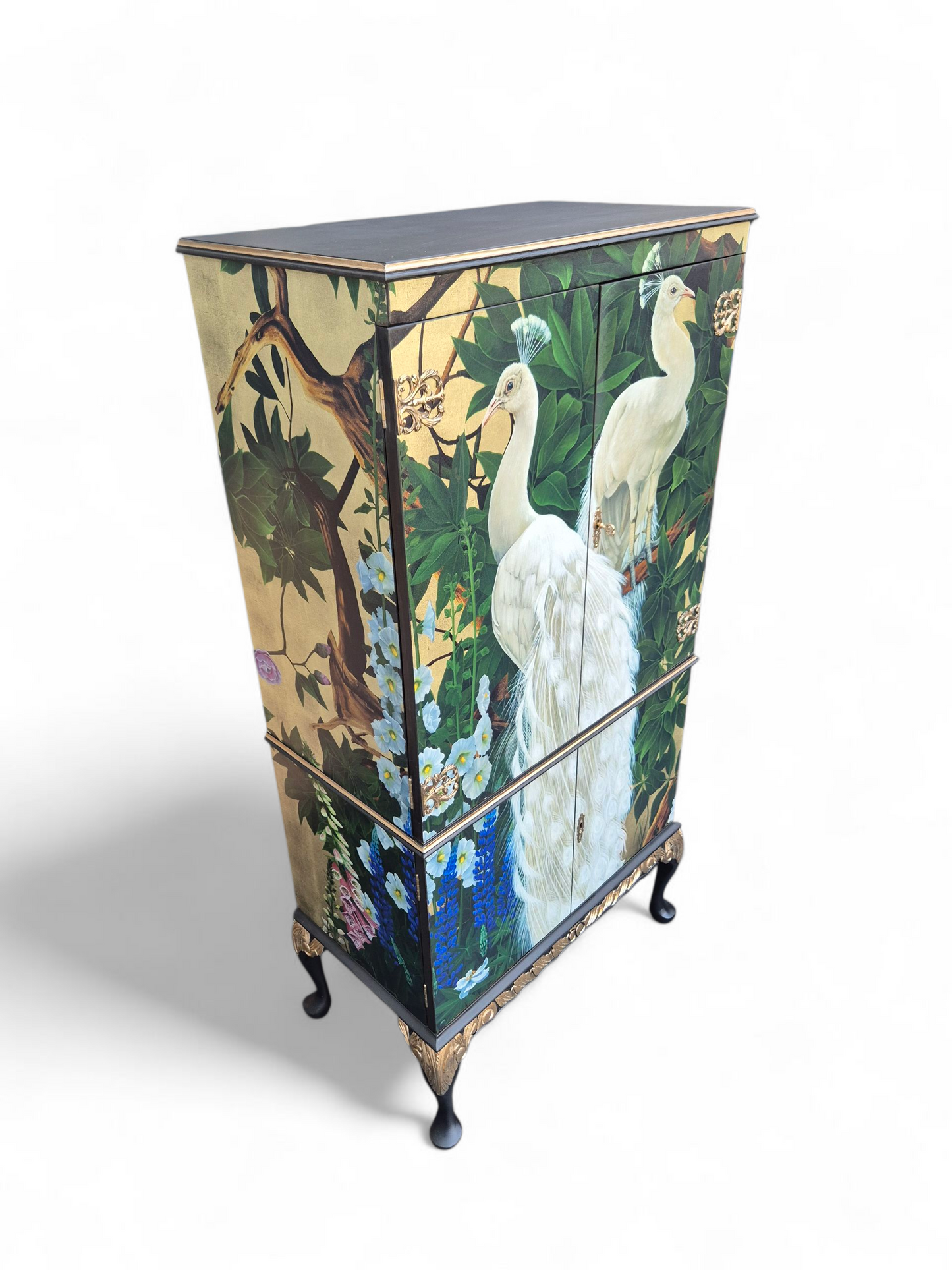 Stunning Upcycled Vintage Cocktail Cabinet Gold Peacock with Chinoiserie Decoupage and Gold Interior