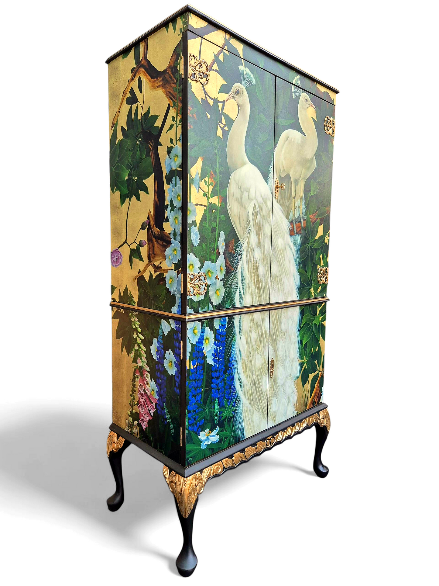 Stunning Upcycled Vintage Cocktail Cabinet Gold Peacock with Chinoiserie Decoupage and Gold Interior