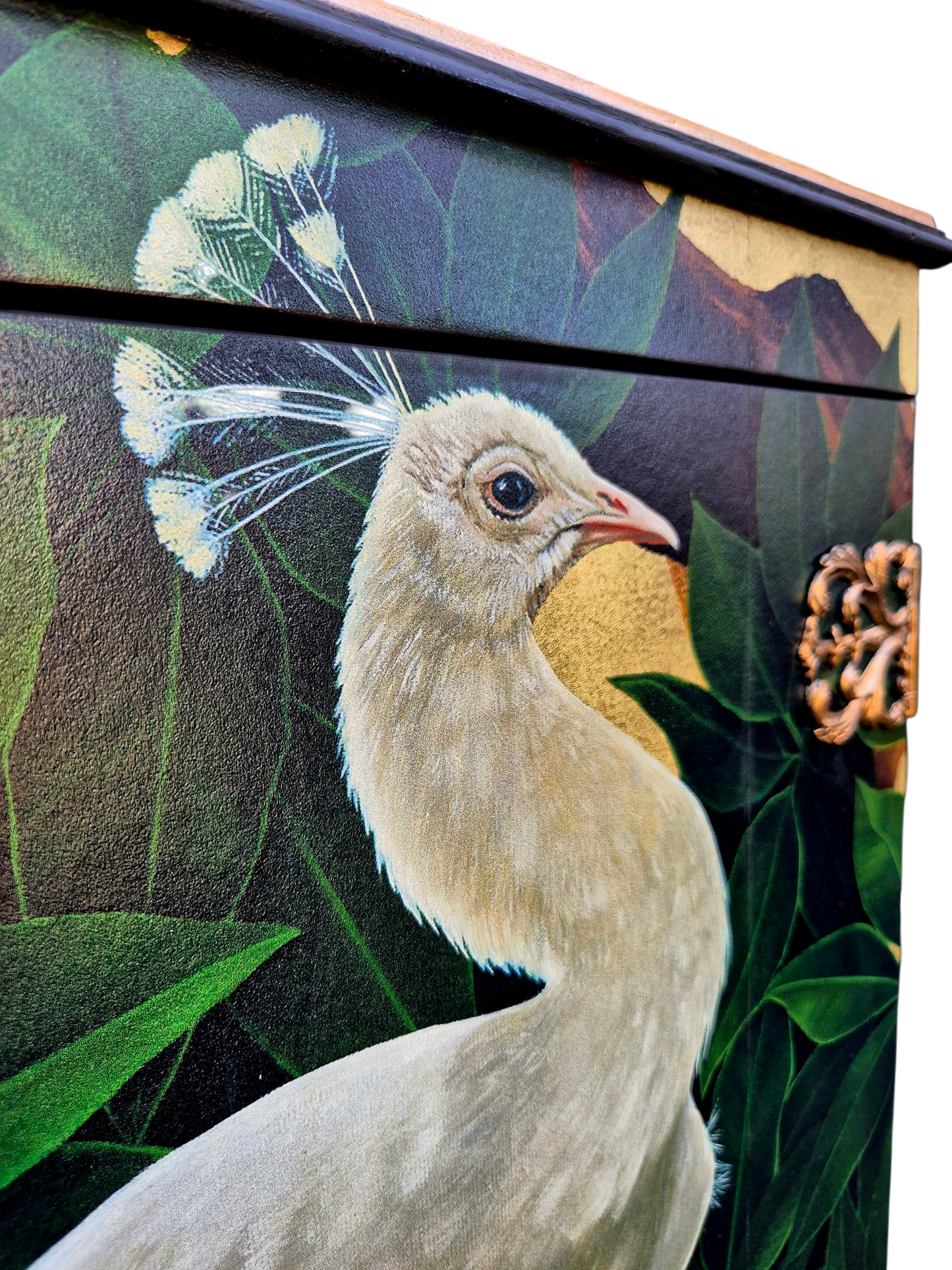 Stunning Upcycled Vintage Cocktail Cabinet Gold Peacock with Chinoiserie Decoupage and Gold Interior