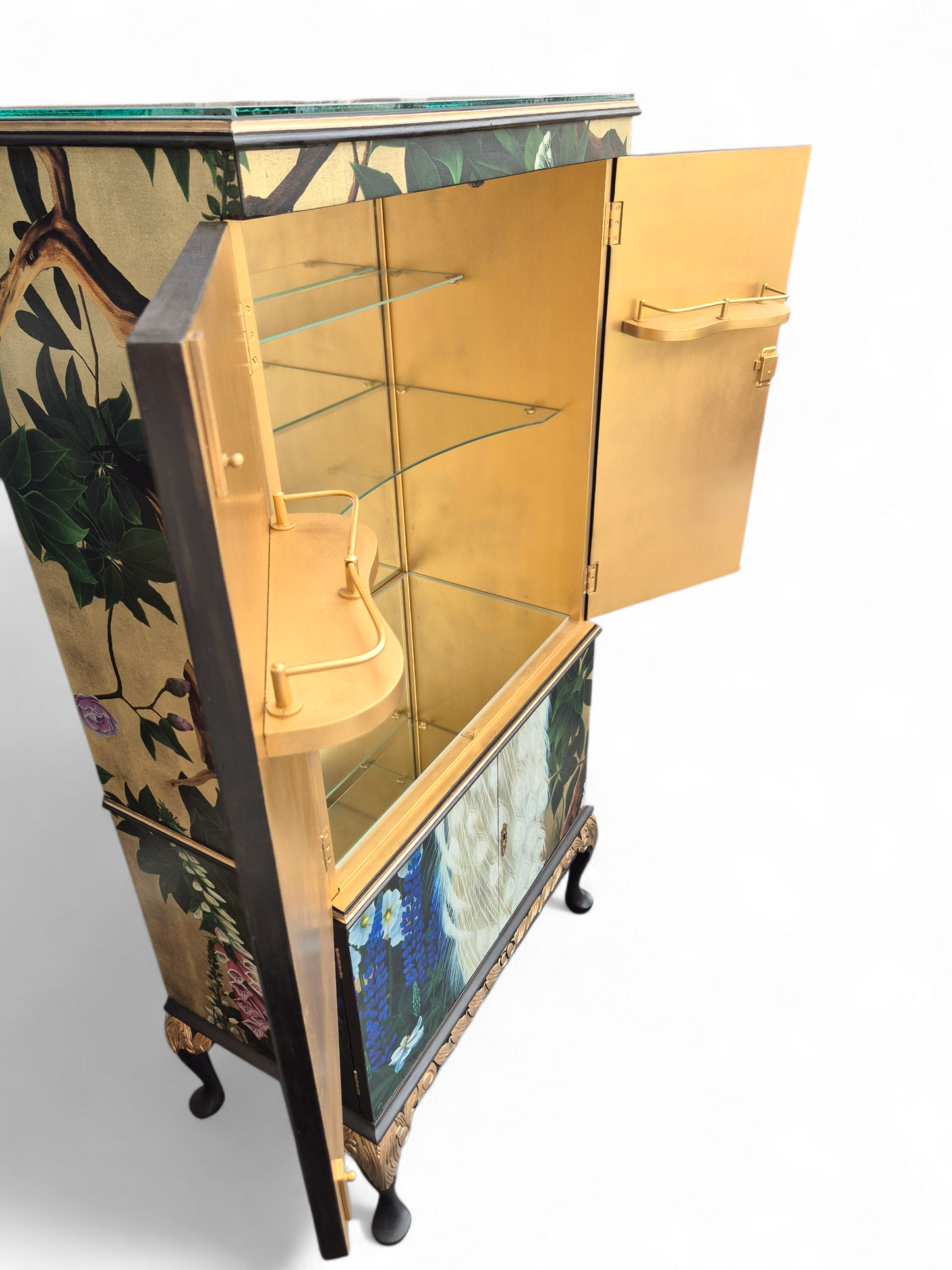 Stunning Upcycled Vintage Cocktail Cabinet Gold Peacock with Chinoiserie Decoupage and Gold Interior