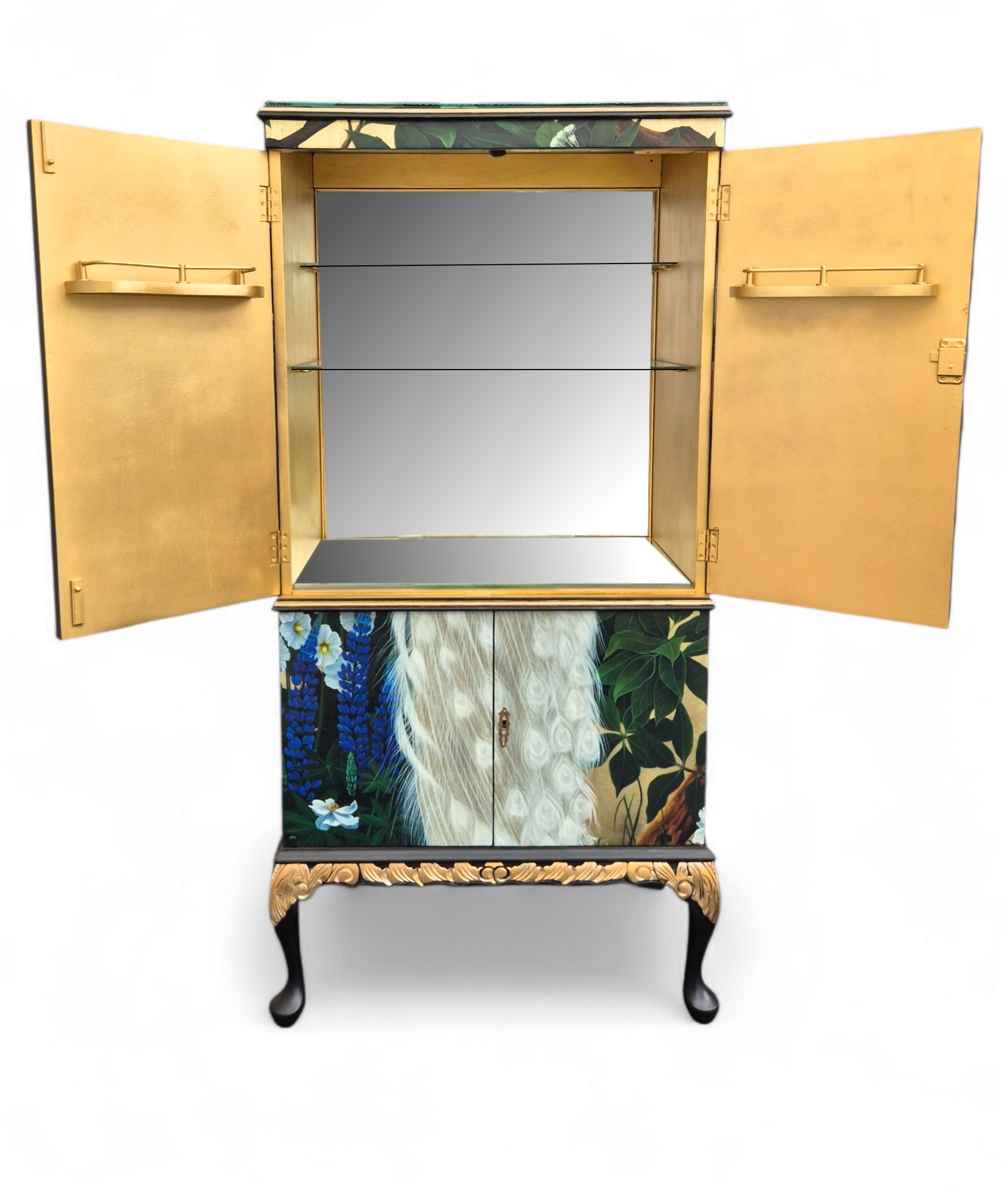 Stunning Upcycled Vintage Cocktail Cabinet Gold Peacock with Chinoiserie Decoupage and Gold Interior