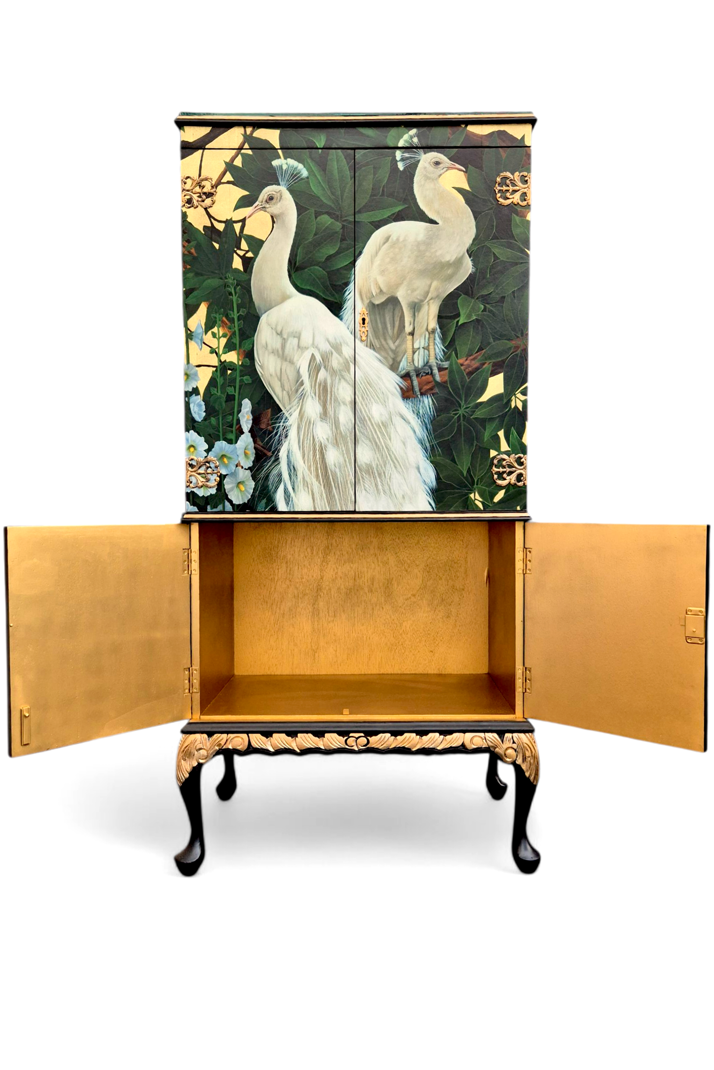 Stunning Upcycled Vintage Cocktail Cabinet Gold Peacock with Chinoiserie Decoupage and Gold Interior