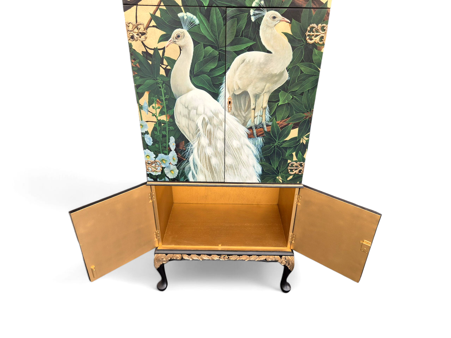 Stunning Upcycled Vintage Cocktail Cabinet Gold Peacock with Chinoiserie Decoupage and Gold Interior
