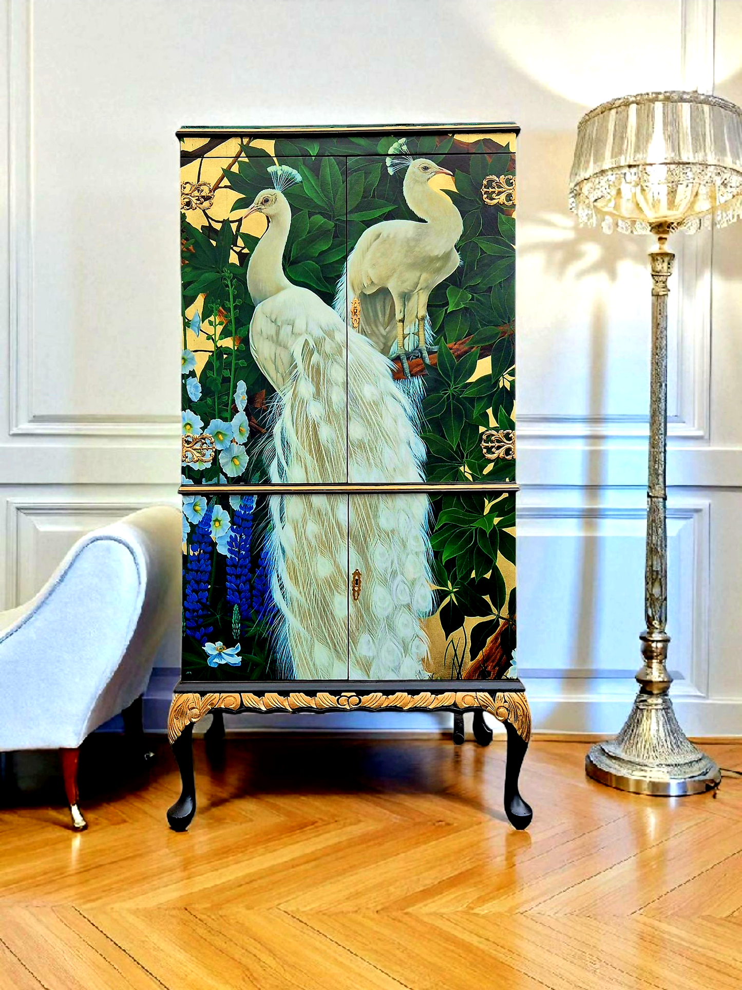 Stunning Upcycled Vintage Cocktail Cabinet Gold Peacock with Chinoiserie Decoupage and Gold Interior