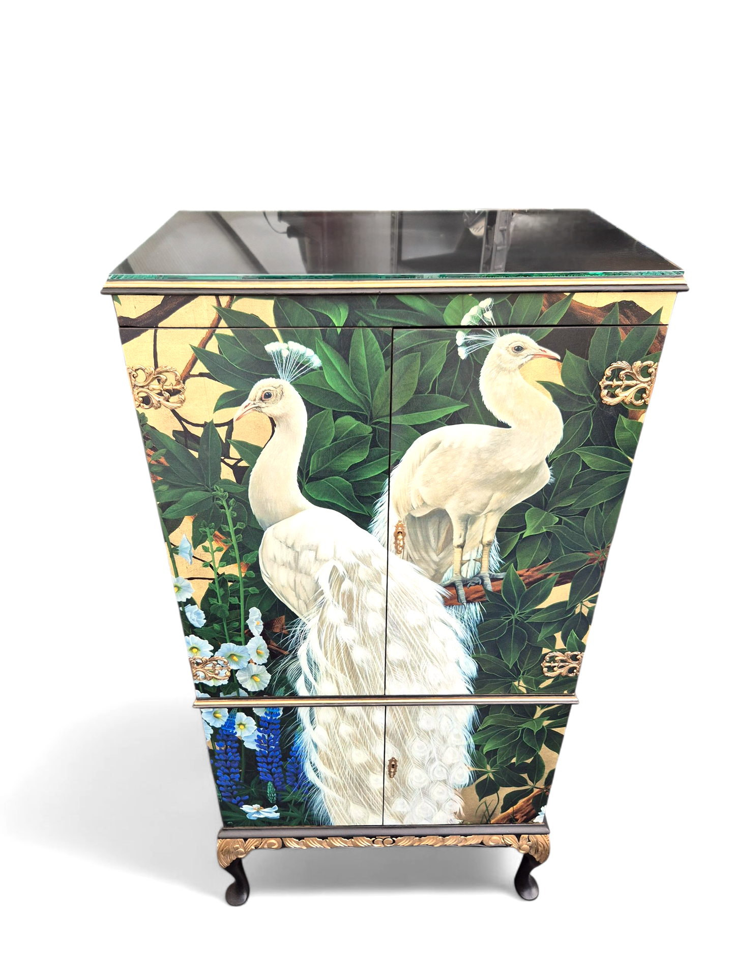 Stunning Upcycled Vintage Cocktail Cabinet Gold Peacock with Chinoiserie Decoupage and Gold Interior