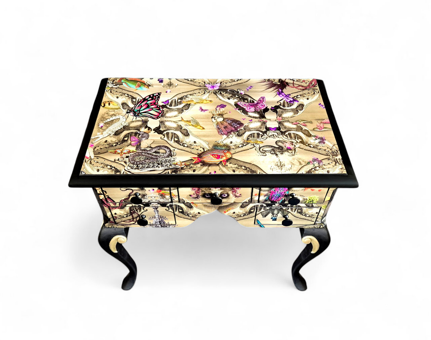 Luxury Upcycled Hall Console Side Table Santorus Decoupage, Glass Top & Pink Neon Interior