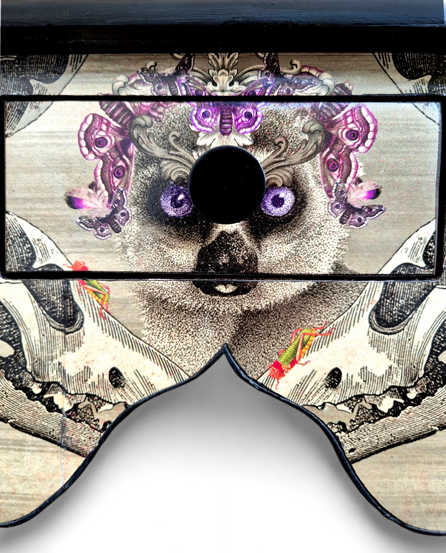 Luxury Upcycled Hall Console Side Table Santorus Decoupage, Glass Top & Pink Neon Interior