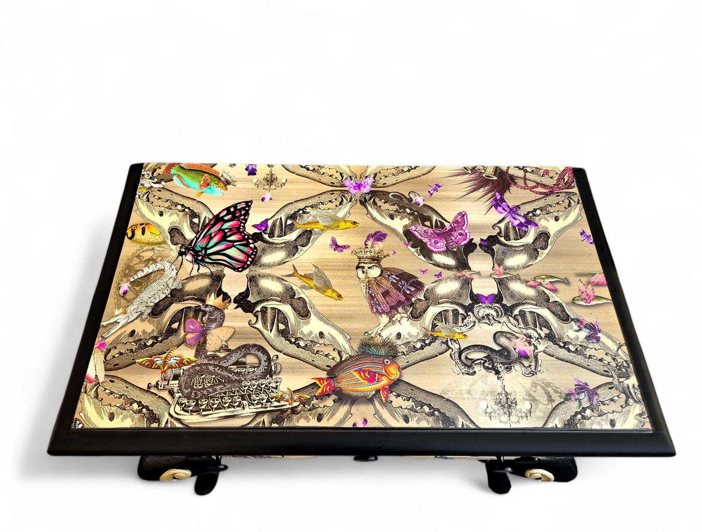 Luxury Upcycled Hall Console Side Table Santorus Decoupage, Glass Top & Pink Neon Interior