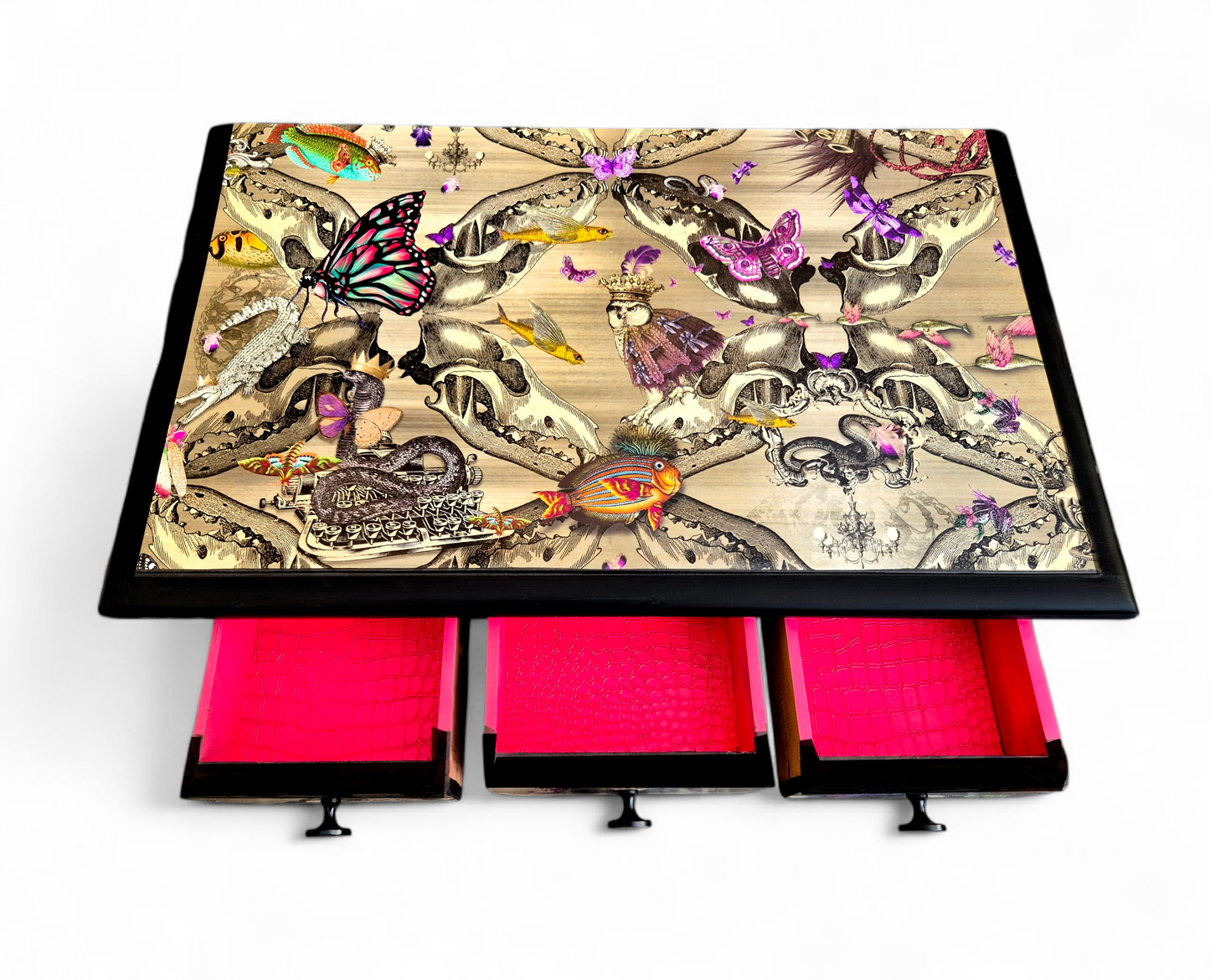 Luxury Upcycled Hall Console Side Table Santorus Decoupage, Glass Top & Pink Neon Interior