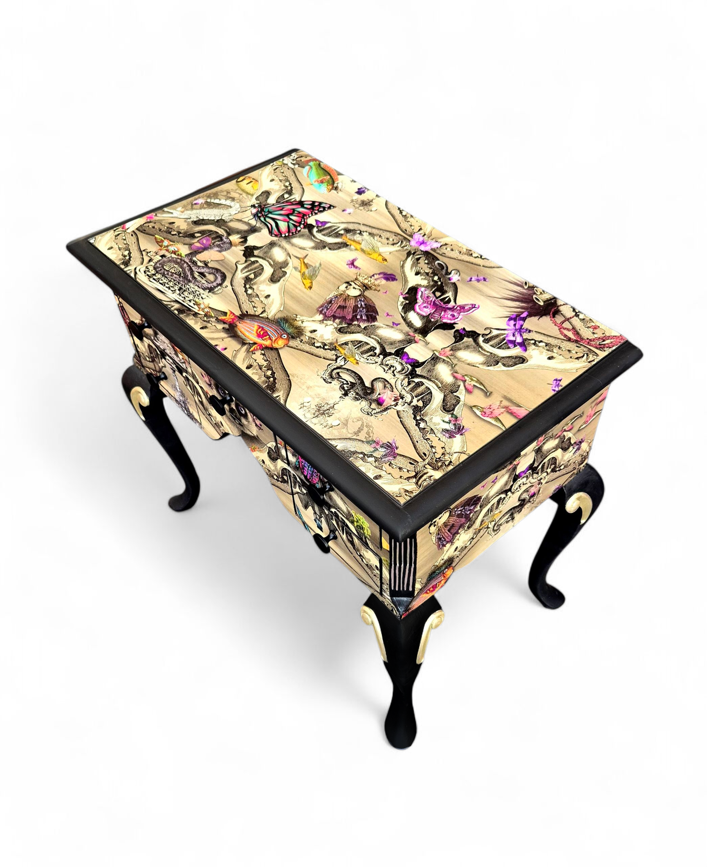 Luxury Upcycled Hall Console Side Table Santorus Decoupage, Glass Top & Pink Neon Interior