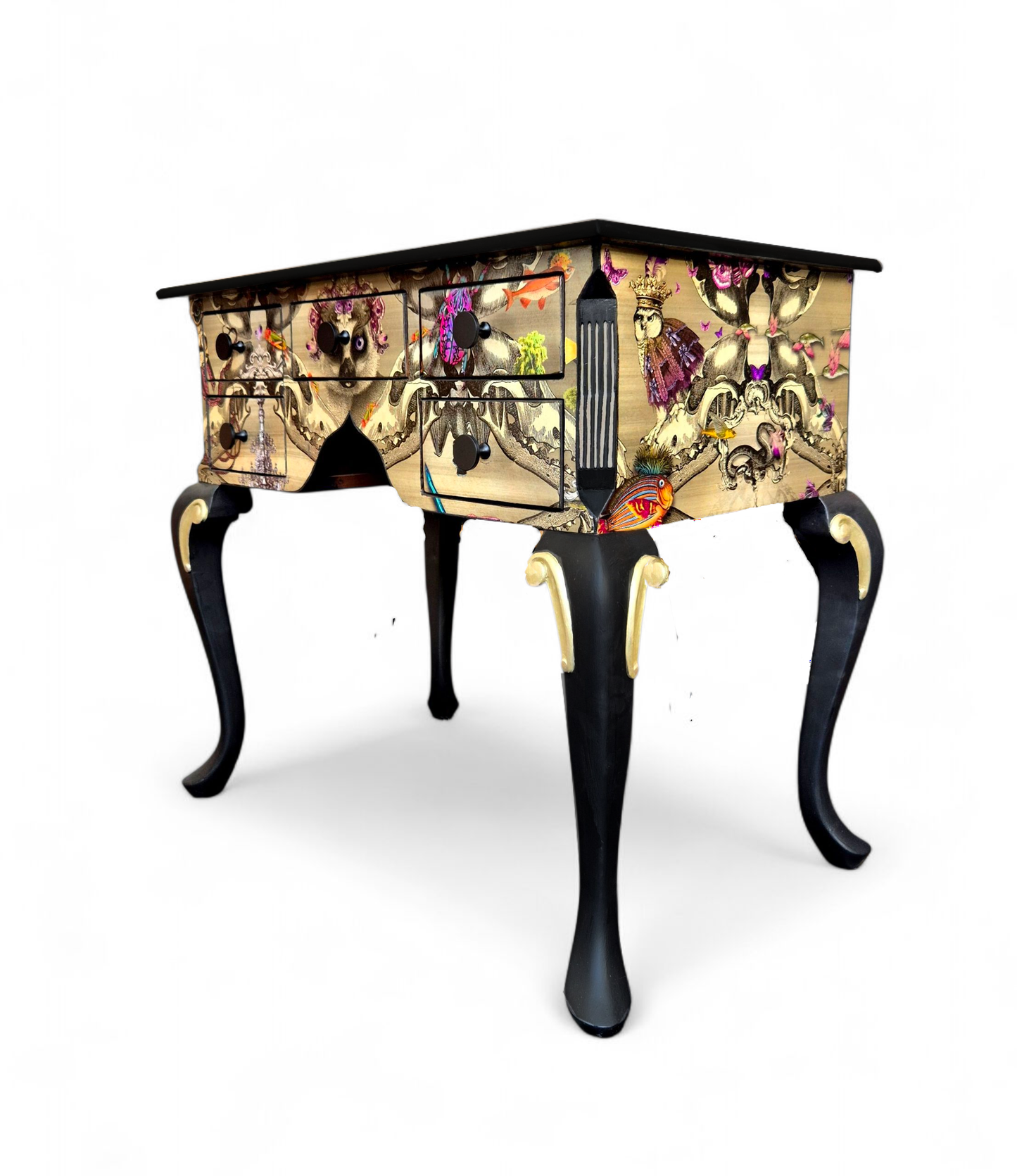 Luxury Upcycled Hall Console Side Table Santorus Decoupage, Glass Top & Pink Neon Interior