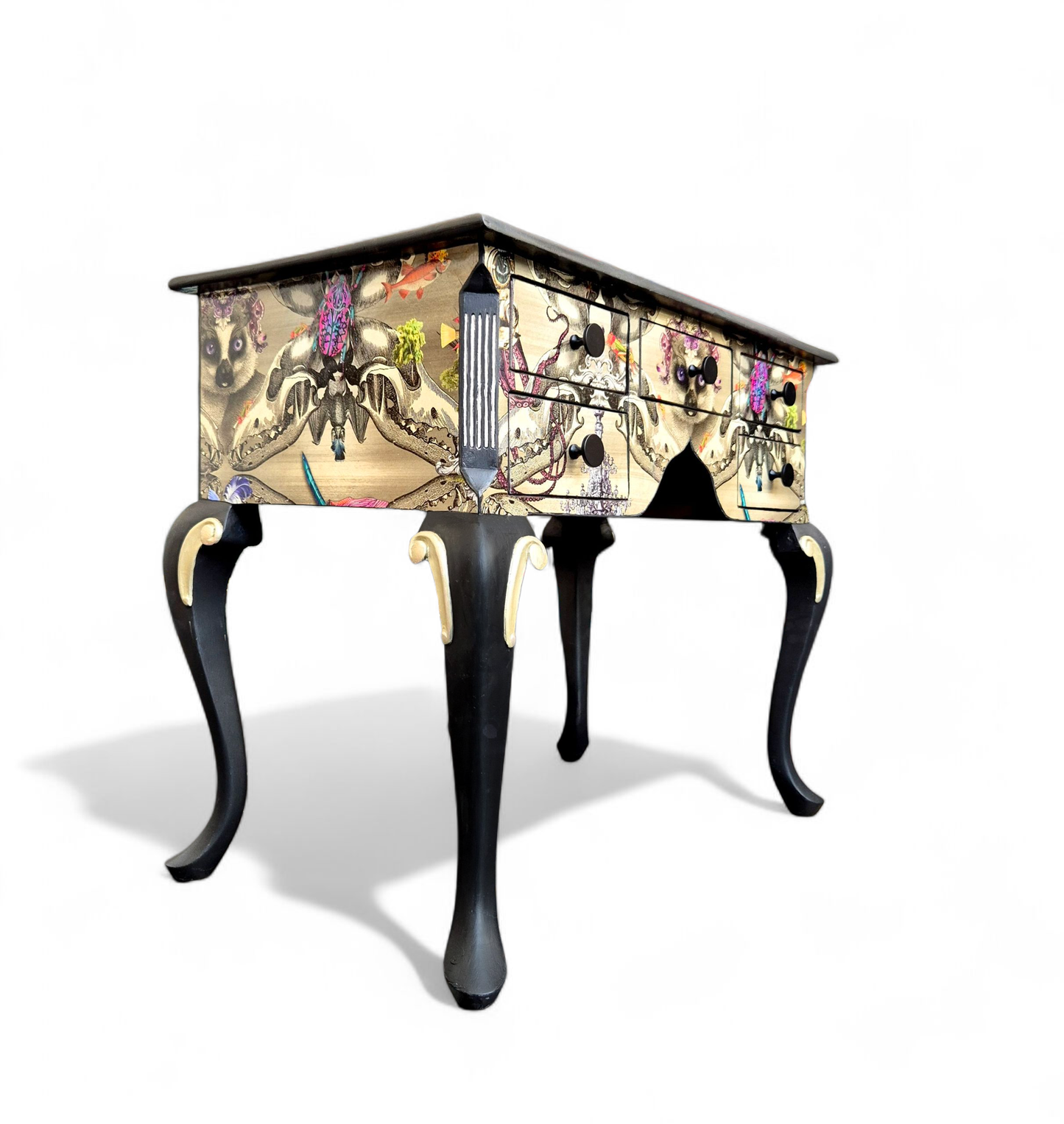 Luxury Upcycled Hall Console Side Table Santorus Decoupage, Glass Top & Pink Neon Interior