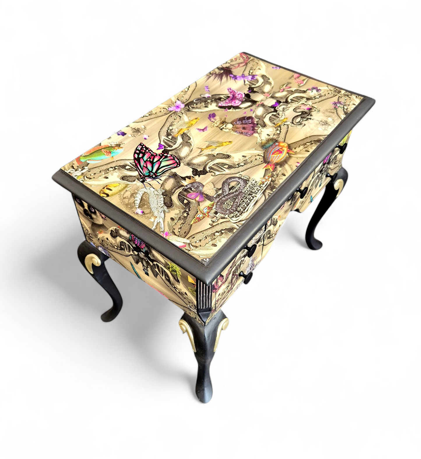 Luxury Upcycled Hall Console Side Table Santorus Decoupage, Glass Top & Pink Neon Interior