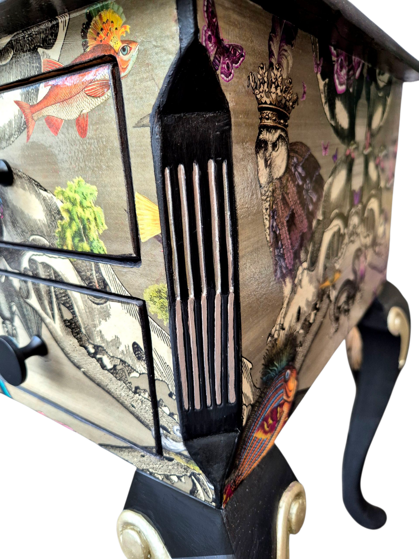 Luxury Upcycled Hall Console Side Table Santorus Decoupage, Glass Top & Pink Neon Interior
