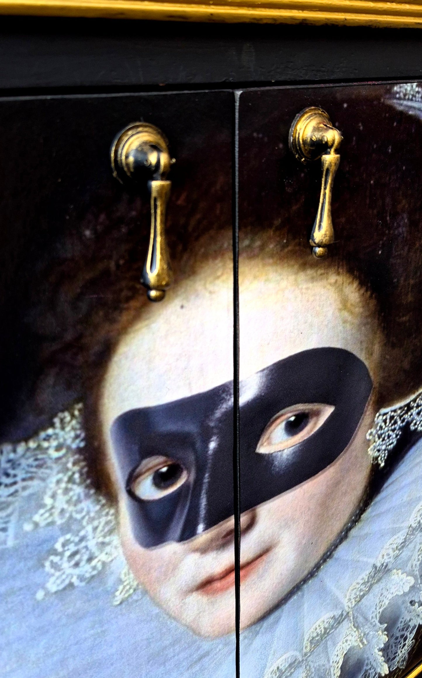 Stunning Upcycled Vintage Cocktail / Jewellery /Make up Cabinet with Masked Lady & Neon PInk