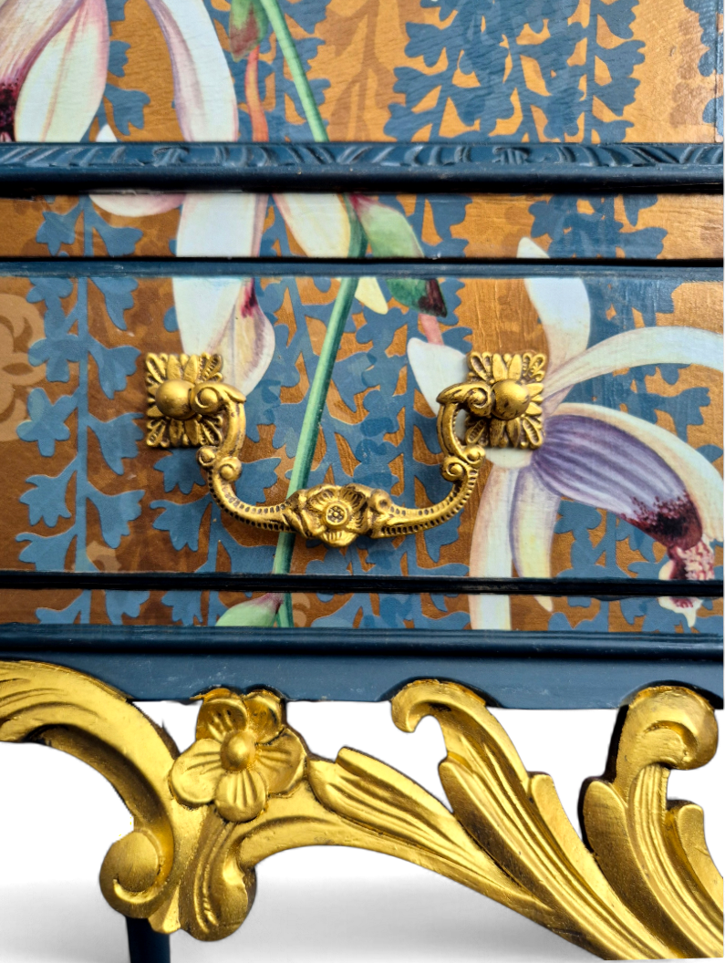 Luxury Upcycled Vintage Cocktail Cabinet with Metallic Trailing Orchid Decoupage
