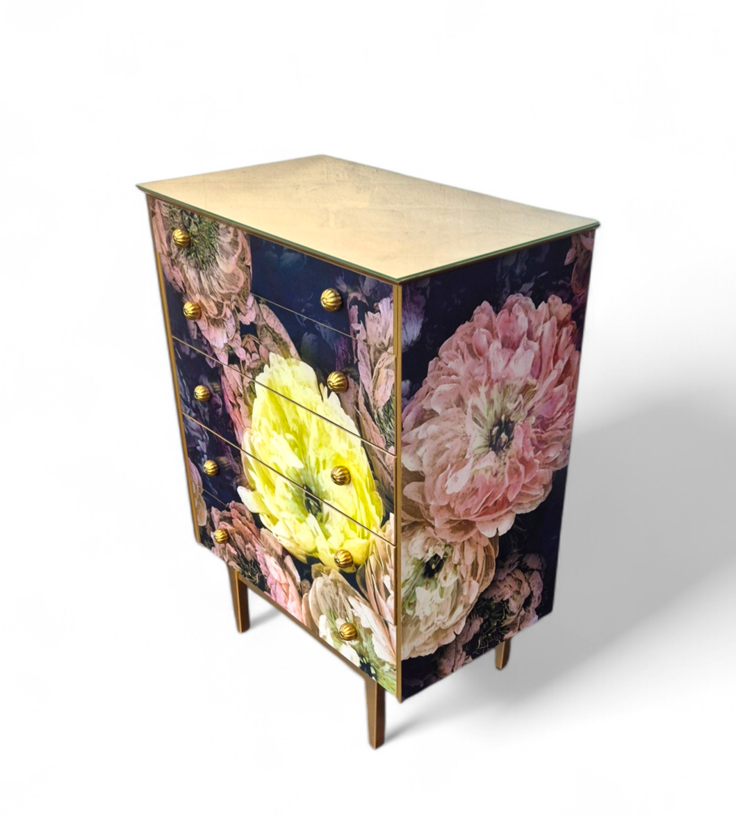 Luxury Upcycled Vintage Mid Century Chest of Drawers with Designers Guild Le Poeme De Fleurs