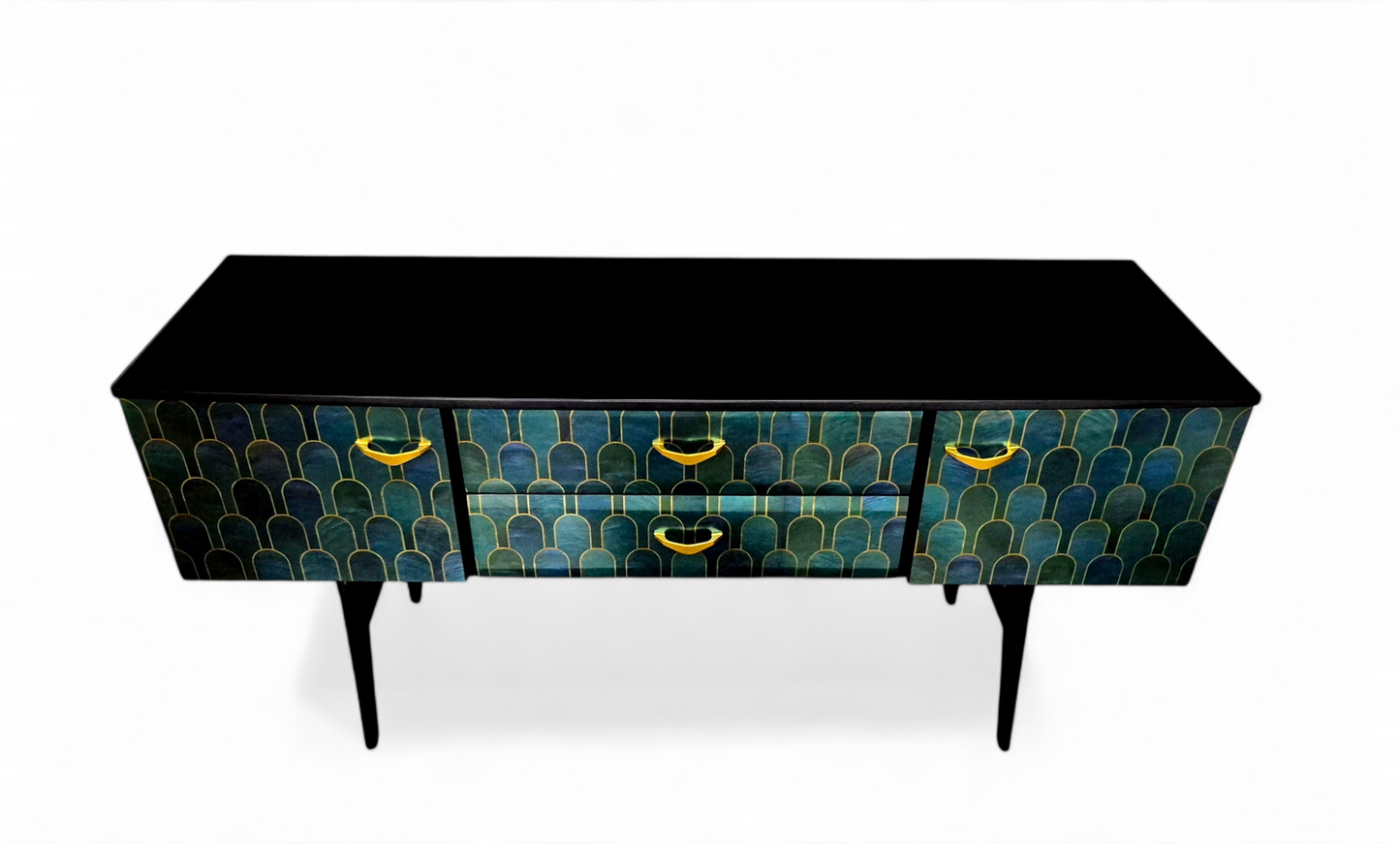 Luxury Mid Century Meredew Sideboard/ TV Unit with Metallic Green & Gold Decoupage