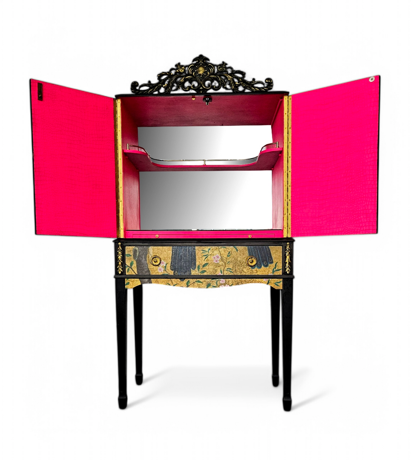 Luxury Vintage Cocktail Drinks Cabinet with Gold Chinoiserie Peacock Decoupage