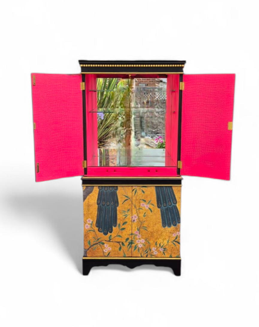Luxury Cocktail Drinks Cabinet with Chinoiserie Decoupage Pink Neon Interior