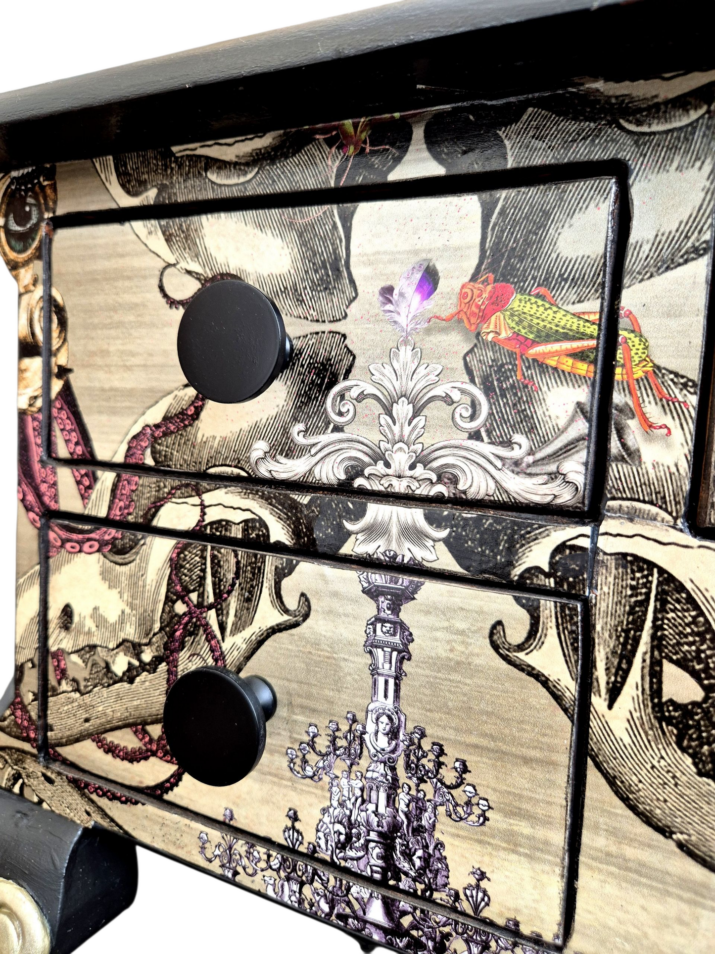 Luxury Upcycled Hall Console Side Table Santorus Decoupage, Glass Top & Pink Neon Interior