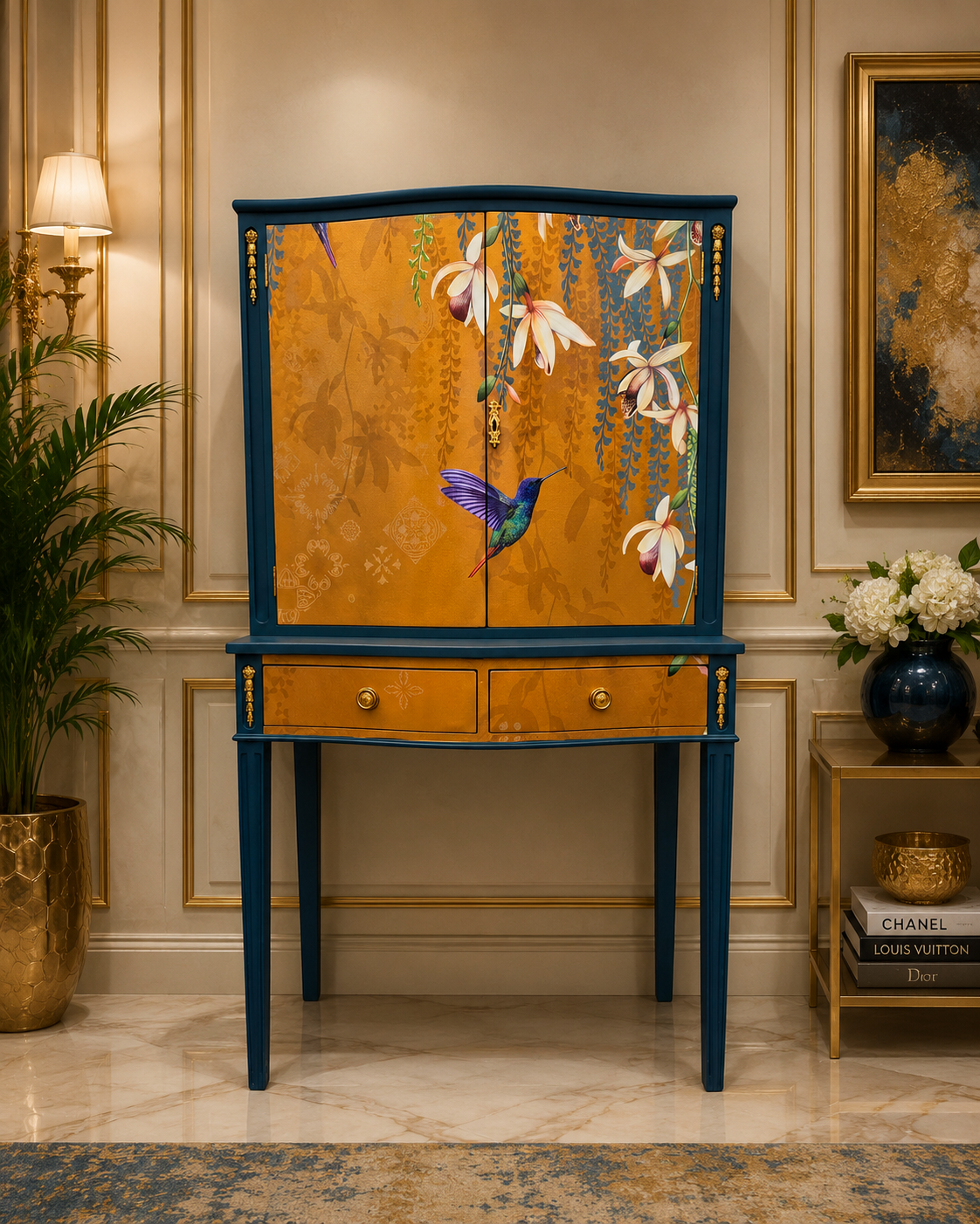 Luxury Upcycled Vintage Cocktail Cabinet with Gold Metallic Trailing Orchid Decoupage