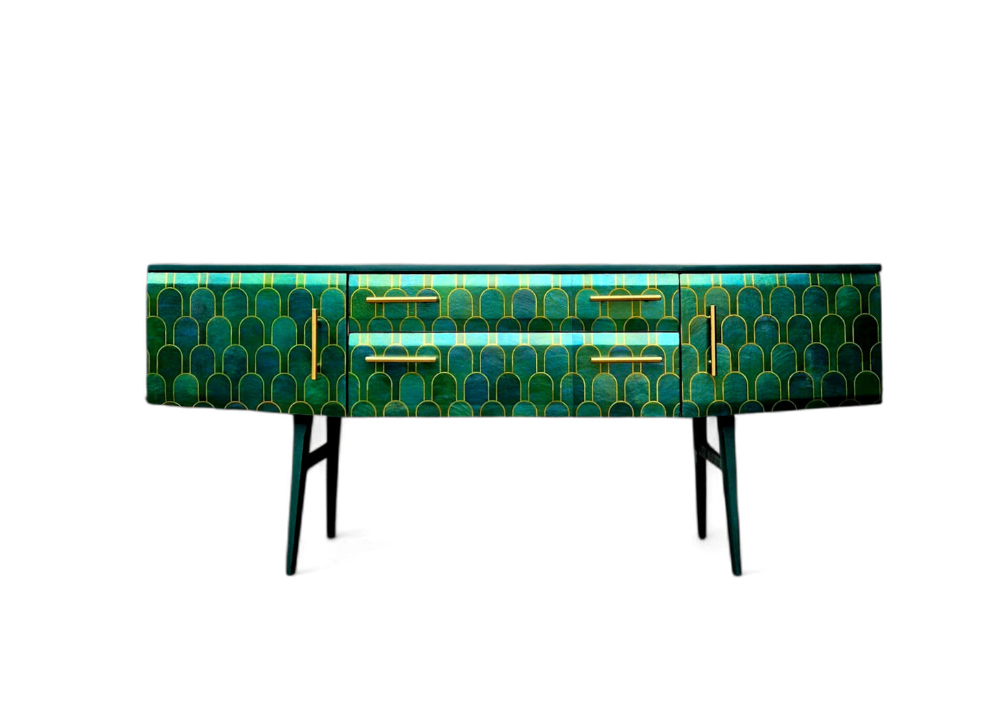 Luxury Mid Century Meredew Sideboard/ TV Unit with Metallic Green & Gold Finish