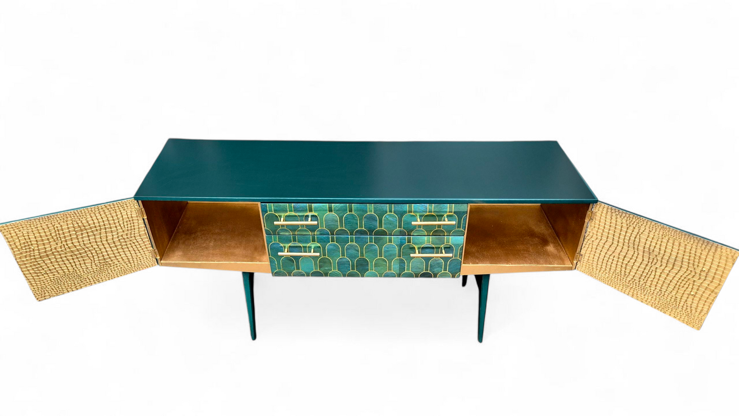 Luxury Mid Century Meredew Sideboard/ TV Unit with Metallic Green & Gold Finish