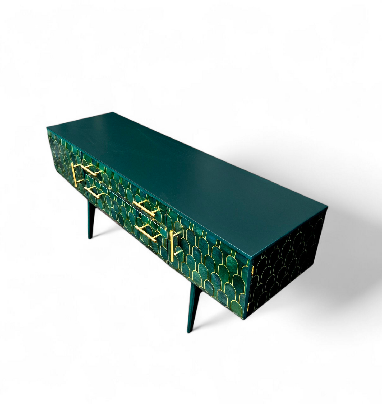 Luxury Mid Century Meredew Sideboard/ TV Unit with Metallic Green & Gold Finish