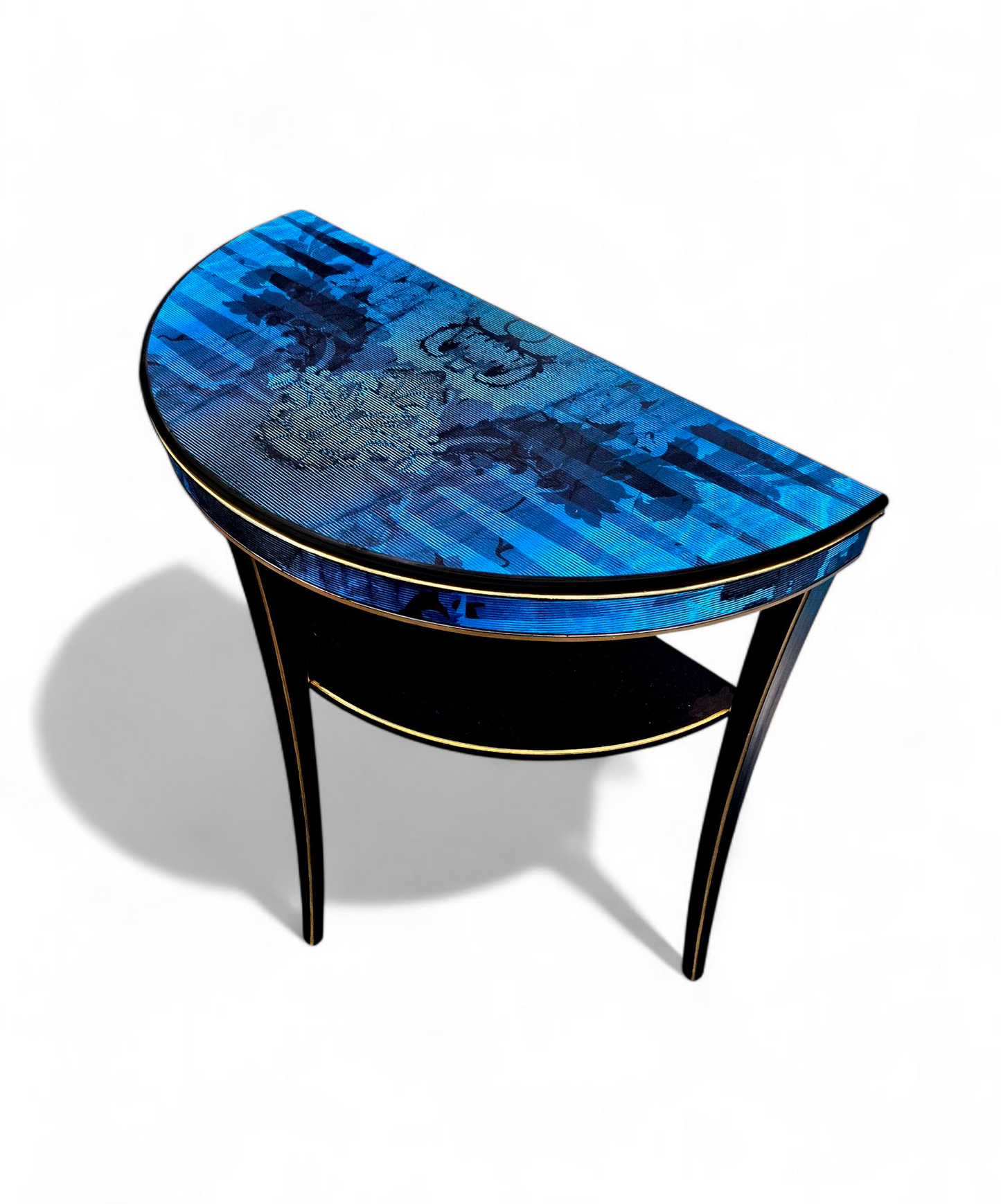 Luxury Upcycled Vintage Console/ Side/ Hall Table with Timorous Beasties Sapphire Blue Damask Decoupage & Glass Top