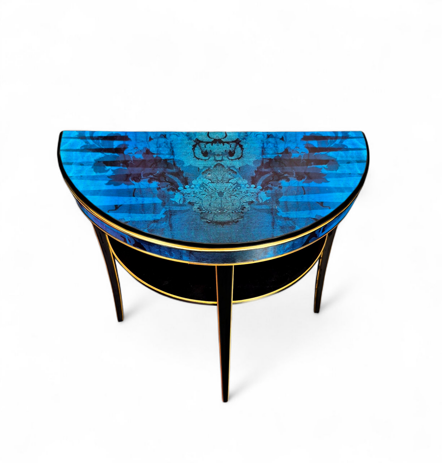 Luxury Upcycled Vintage Console/ Side/ Hall Table with Timorous Beasties Sapphire Blue Damask Decoupage & Glass Top