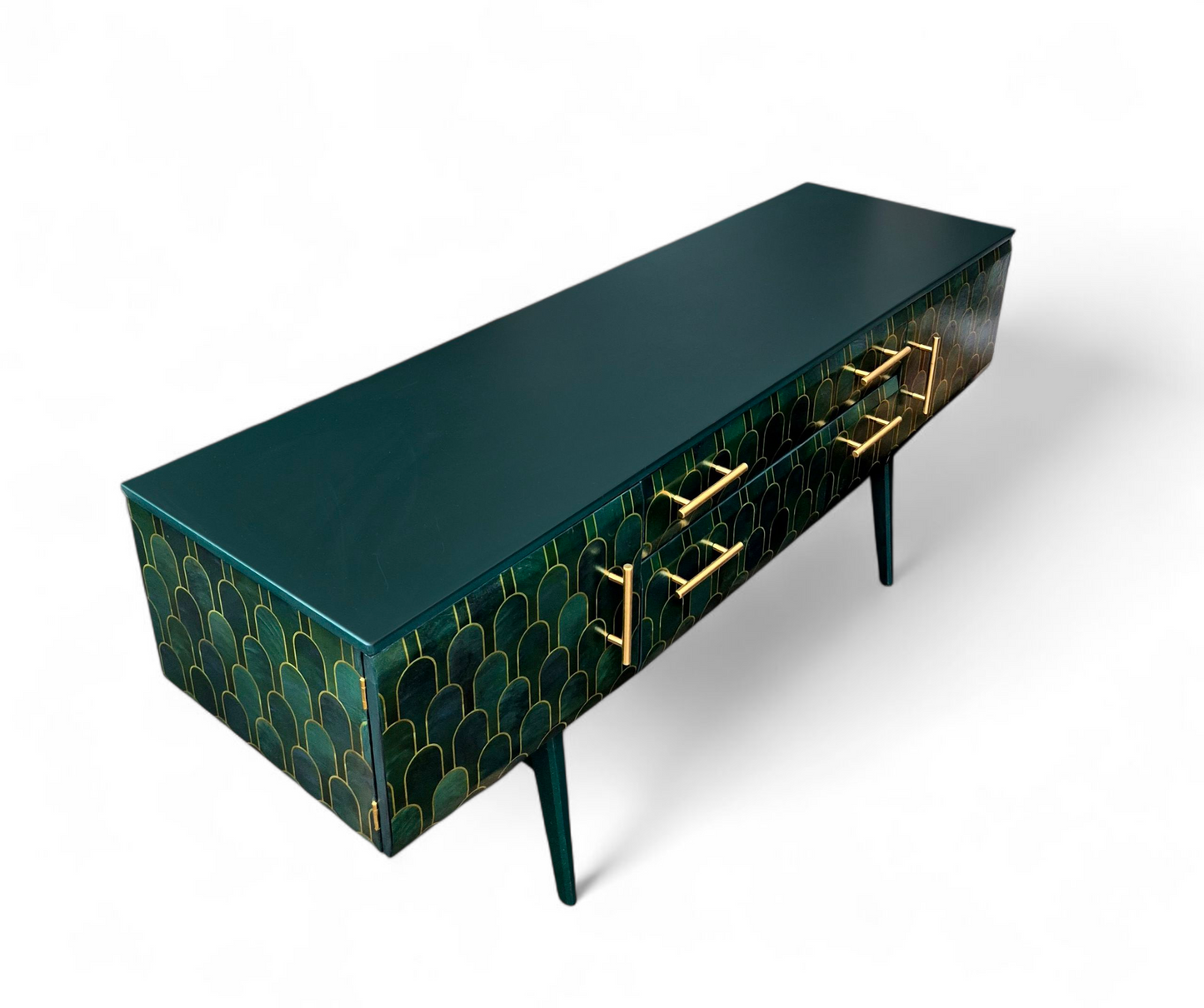 Luxury Mid Century Meredew Sideboard/ TV Unit with Metallic Green & Gold Finish