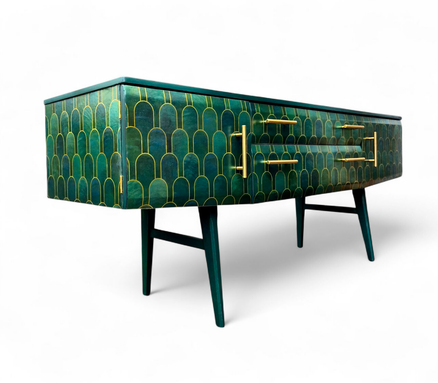 Luxury Mid Century Meredew Sideboard/ TV Unit with Metallic Green & Gold Finish