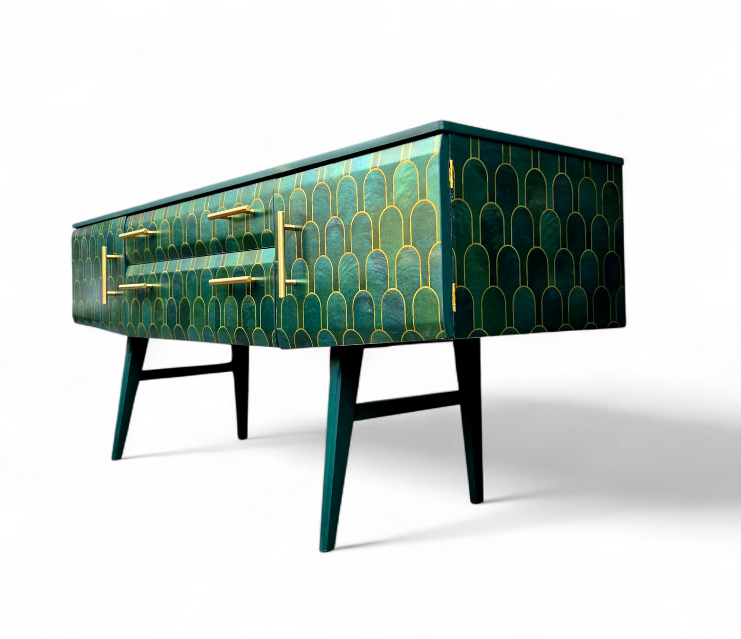 Luxury Mid Century Meredew Sideboard/ TV Unit with Metallic Green & Gold Finish