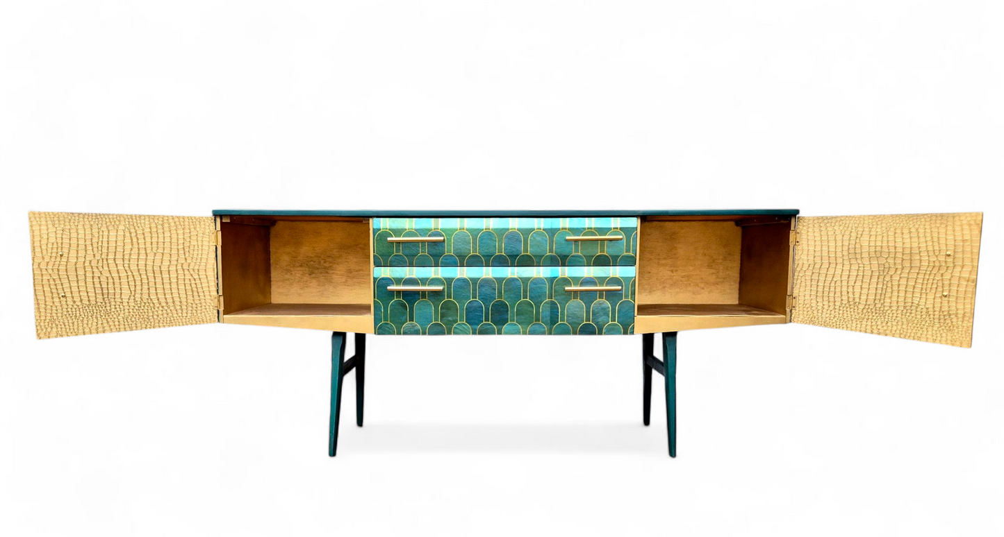 Luxury Mid Century Meredew Sideboard/ TV Unit with Metallic Green & Gold Finish