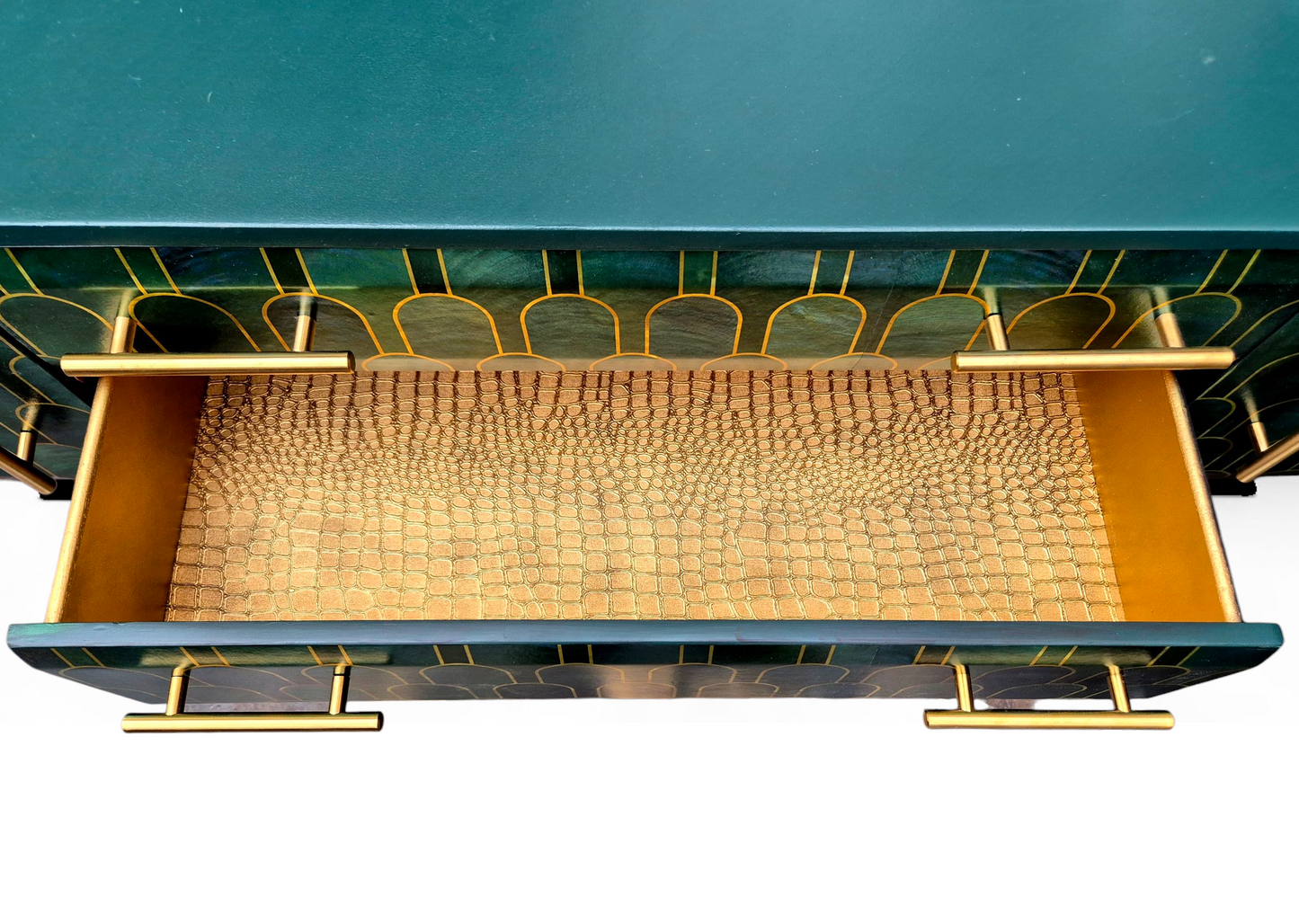 Luxury Mid Century Meredew Sideboard/ TV Unit with Metallic Green & Gold Finish