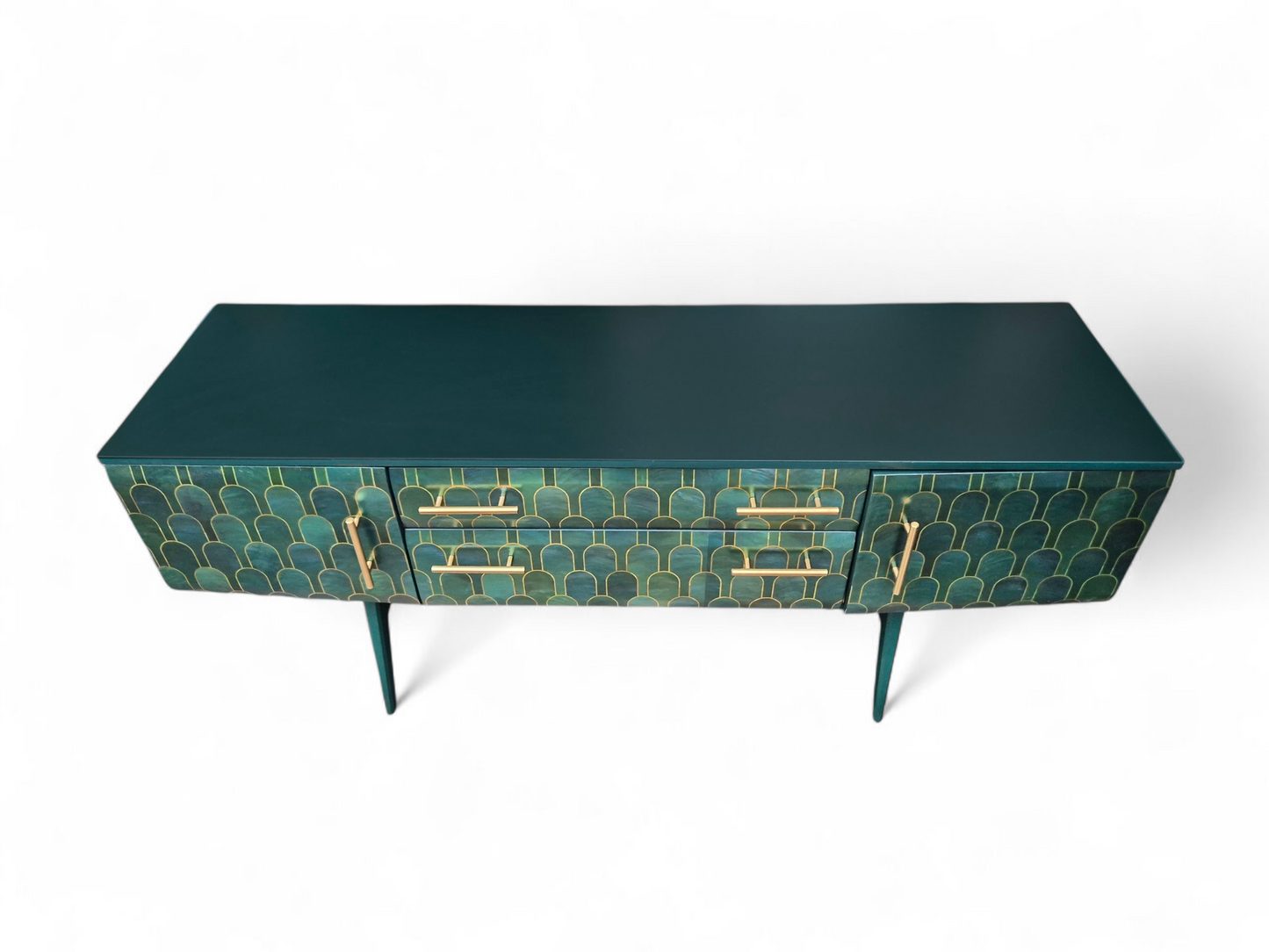 Luxury Mid Century Meredew Sideboard/ TV Unit with Metallic Green & Gold Finish