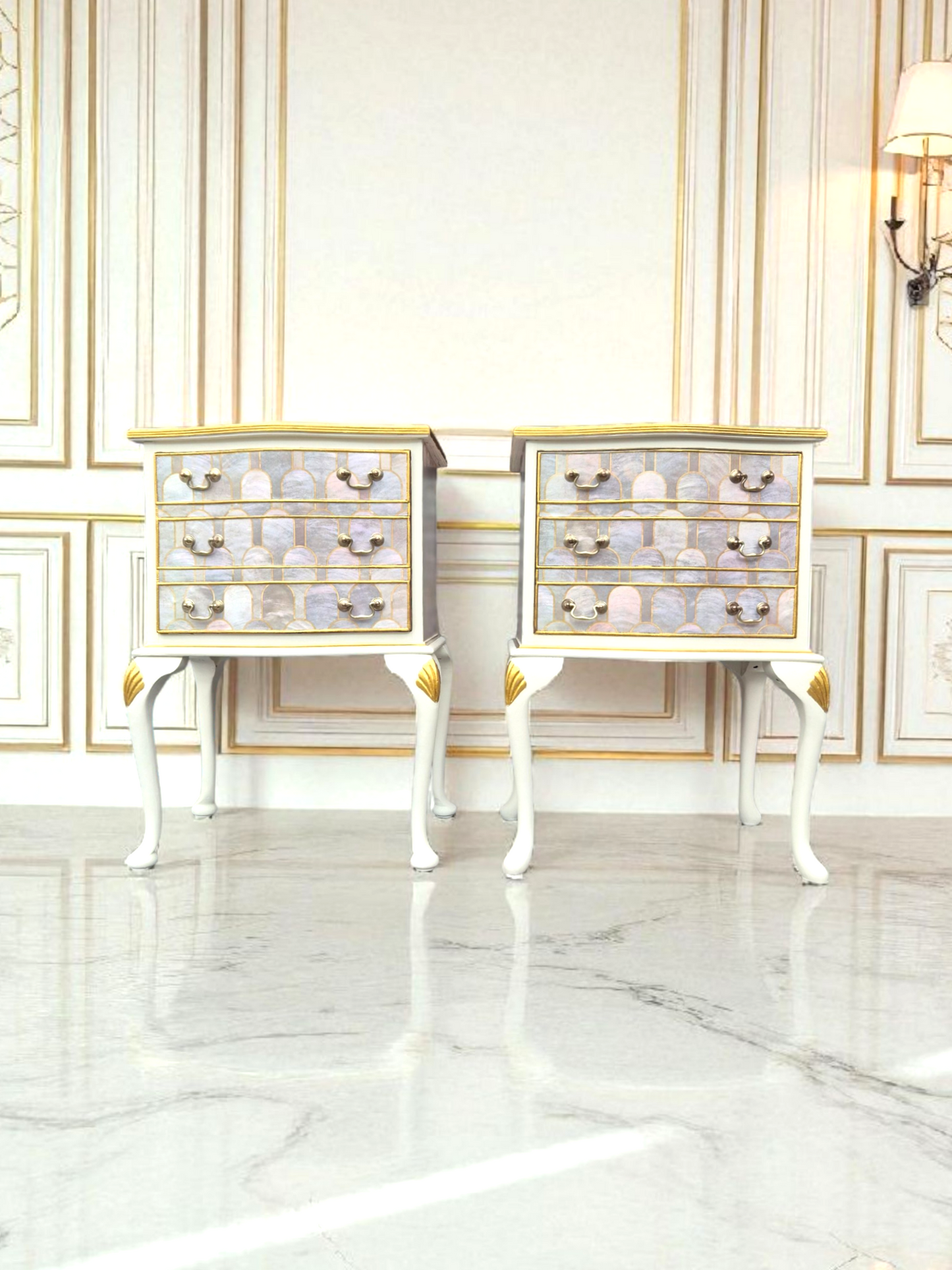 Pair of Professionally Upcycled Bedsides with Art Deco Bethan Gray Decoupage