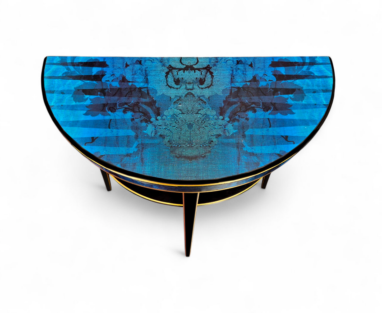 Luxury Upcycled Vintage Console/ Side/ Hall Table with Timorous Beasties Sapphire Blue Damask Decoupage & Glass Top