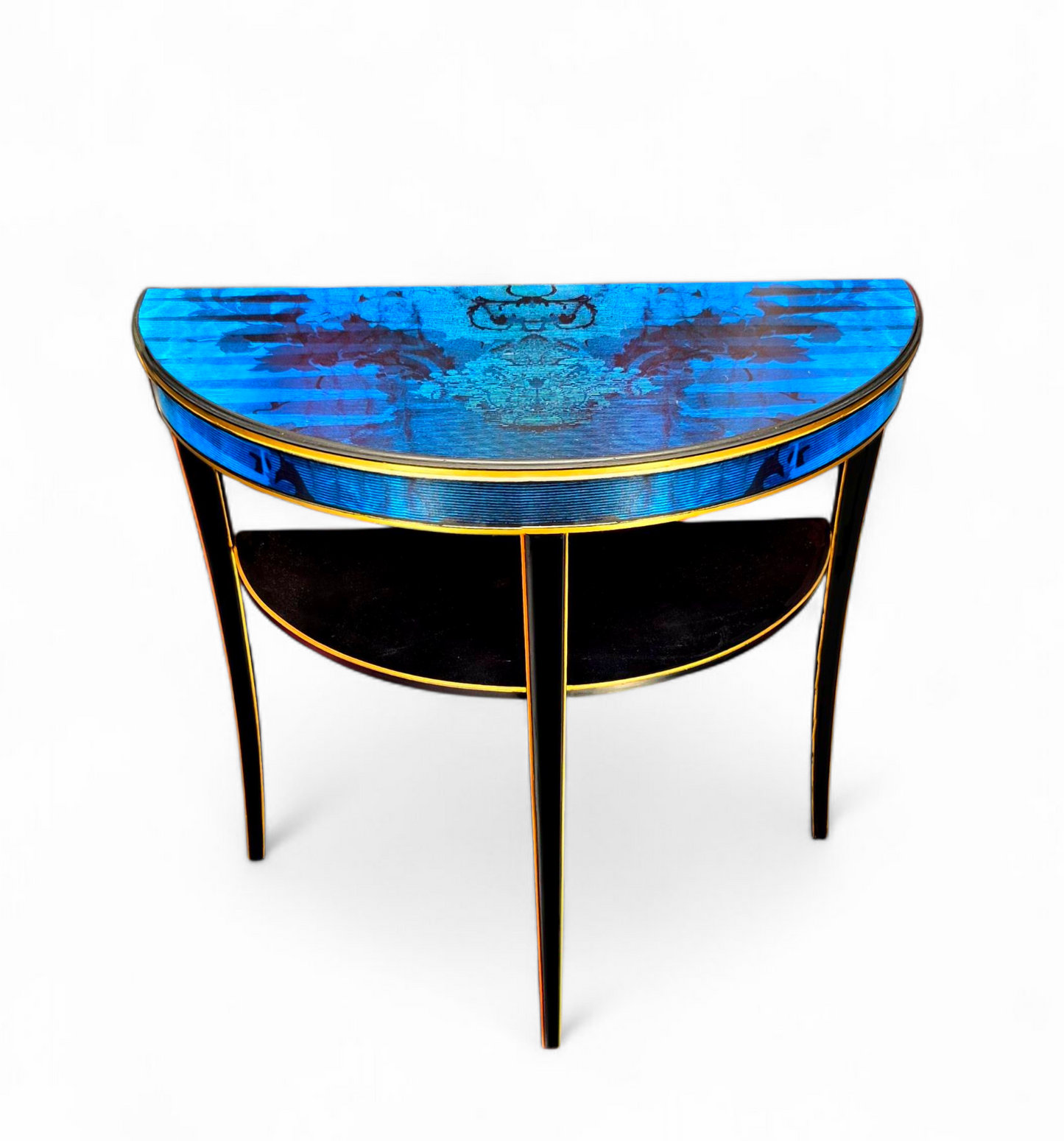 Luxury Upcycled Vintage Console/ Side/ Hall Table with Timorous Beasties Sapphire Blue Damask Decoupage & Glass Top