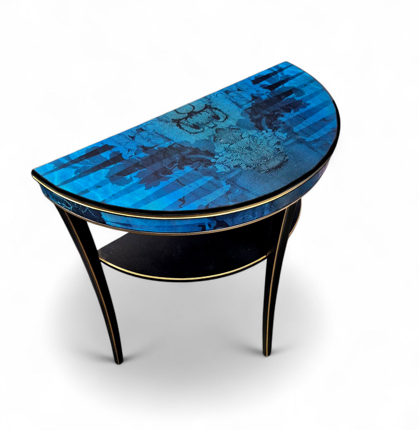 Luxury Upcycled Vintage Console/ Side/ Hall Table with Timorous Beasties Sapphire Blue Damask Decoupage & Glass Top