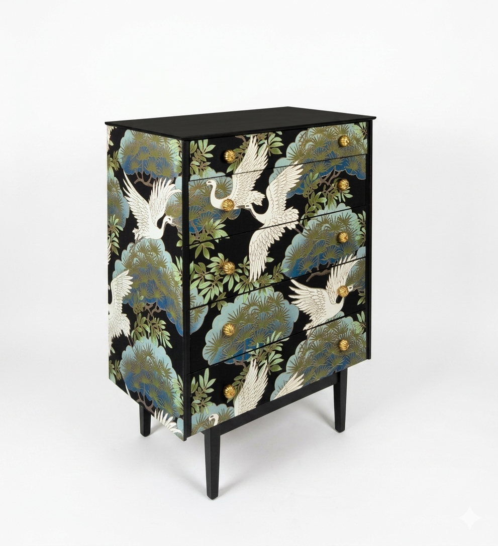 Stunning Professionally Upcycled Vintage Mid Century Chest of Drawers with Chinoiserie Design *Free Delivery*