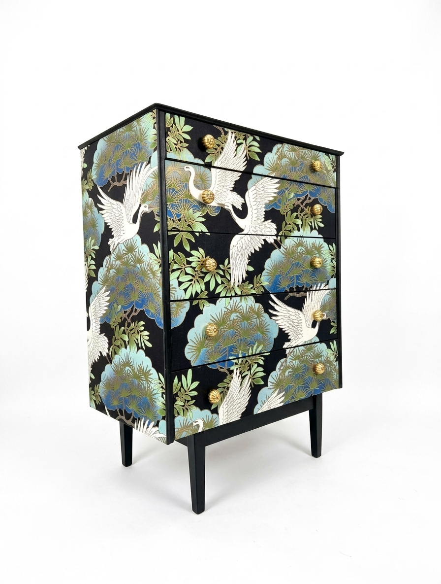 Stunning Professionally Upcycled Vintage Mid Century Chest of Drawers with Chinoiserie Design *Free Delivery*