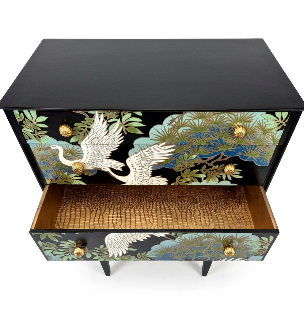 Stunning Professionally Upcycled Vintage Mid Century Chest of Drawers with Chinoiserie Design *Free Delivery*