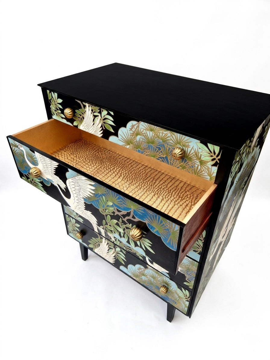 Stunning Professionally Upcycled Vintage Mid Century Chest of Drawers with Chinoiserie Design *Free Delivery*