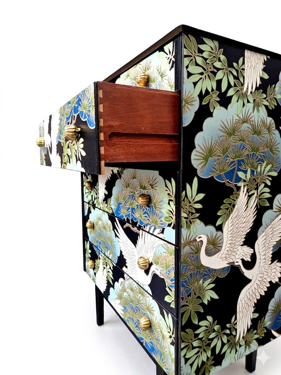 Stunning Professionally Upcycled Vintage Mid Century Chest of Drawers with Chinoiserie Design *Free Delivery*