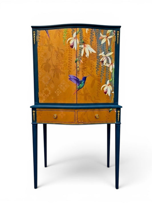 Luxury Upcycled Vintage Cocktail Cabinet with Gold Metallic Trailing Orchid Decoupage